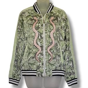 Guess Sateen Bomber Jacket Women’s Size M Green White Embroidered Pink Snake